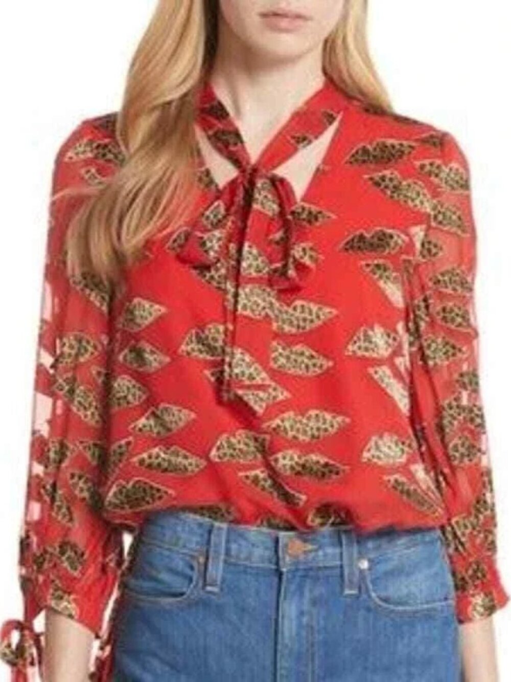Alice + Olivia x Donald Sheila Silk Blend Red Cheetah Lips Top Blouse